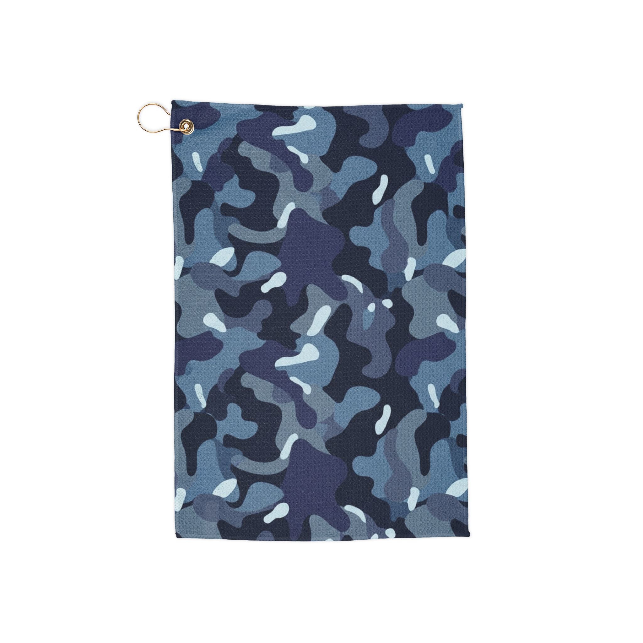 Blue Camo Golf Towel — Microfiber Golf Club & Ball Cleaning Towel with Grommet Ring