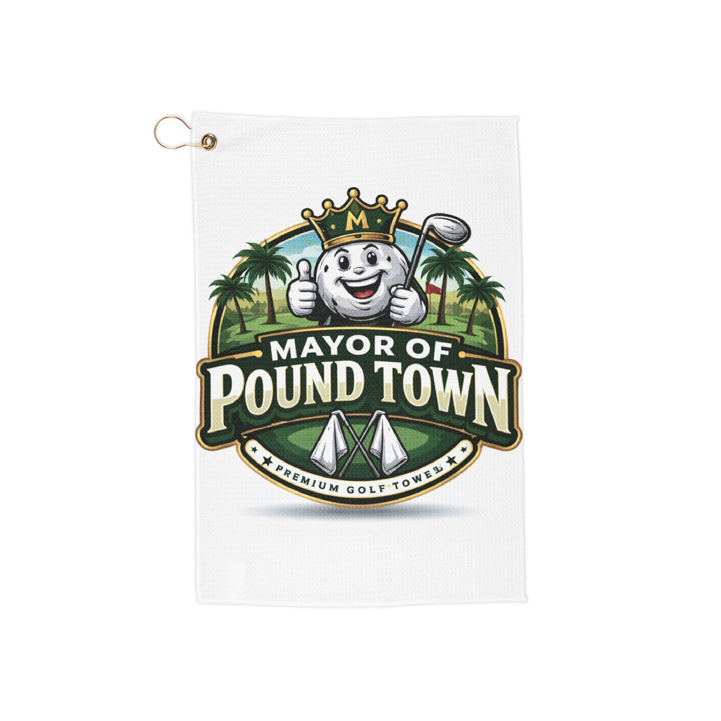 Mayor of Pound Town Golf Towel – Funny Golf Club Towel with Crowned Golf Ball Design