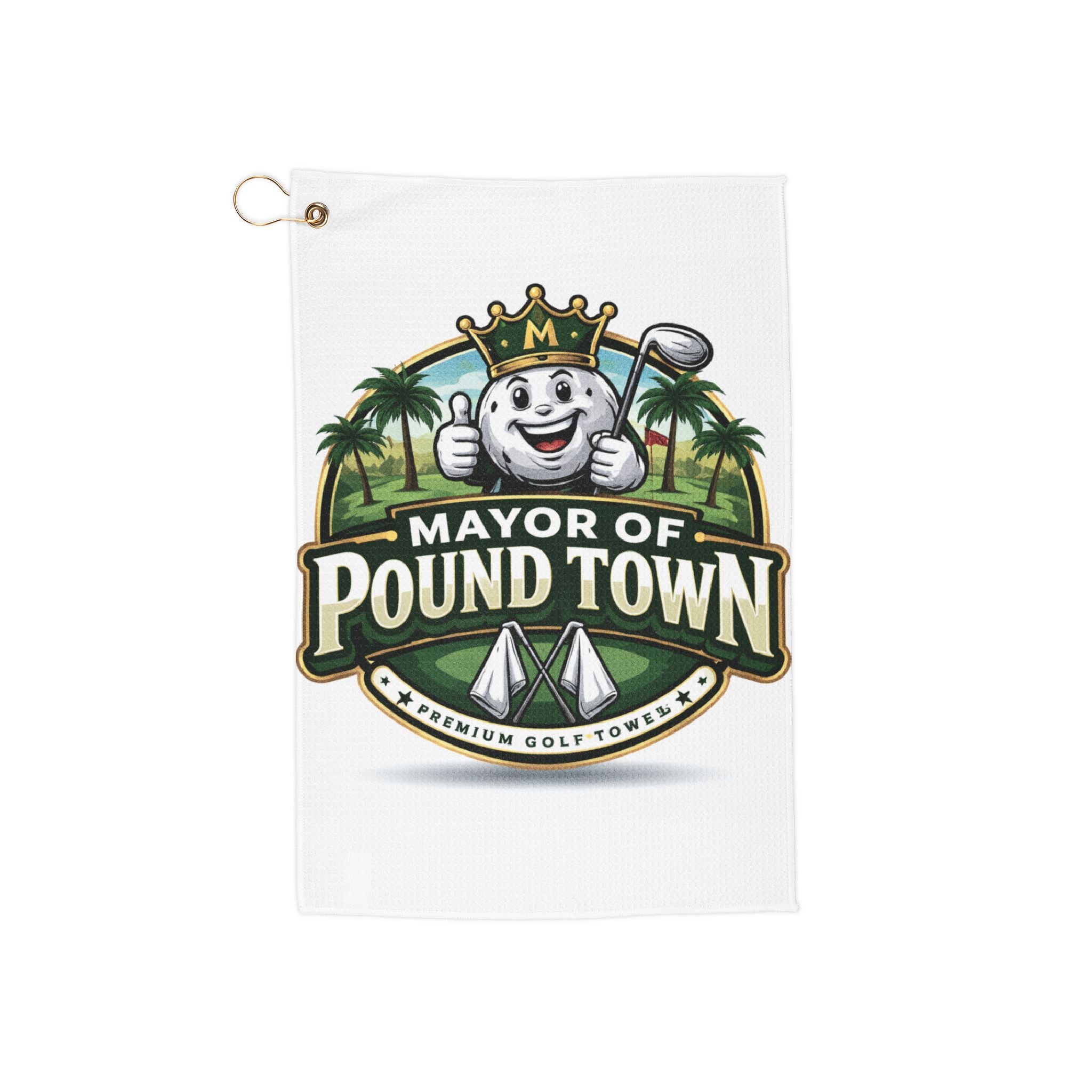 Mayor of Pound Town Golf Towel – Funny Golf Club Towel with Crowned Golf Ball Design