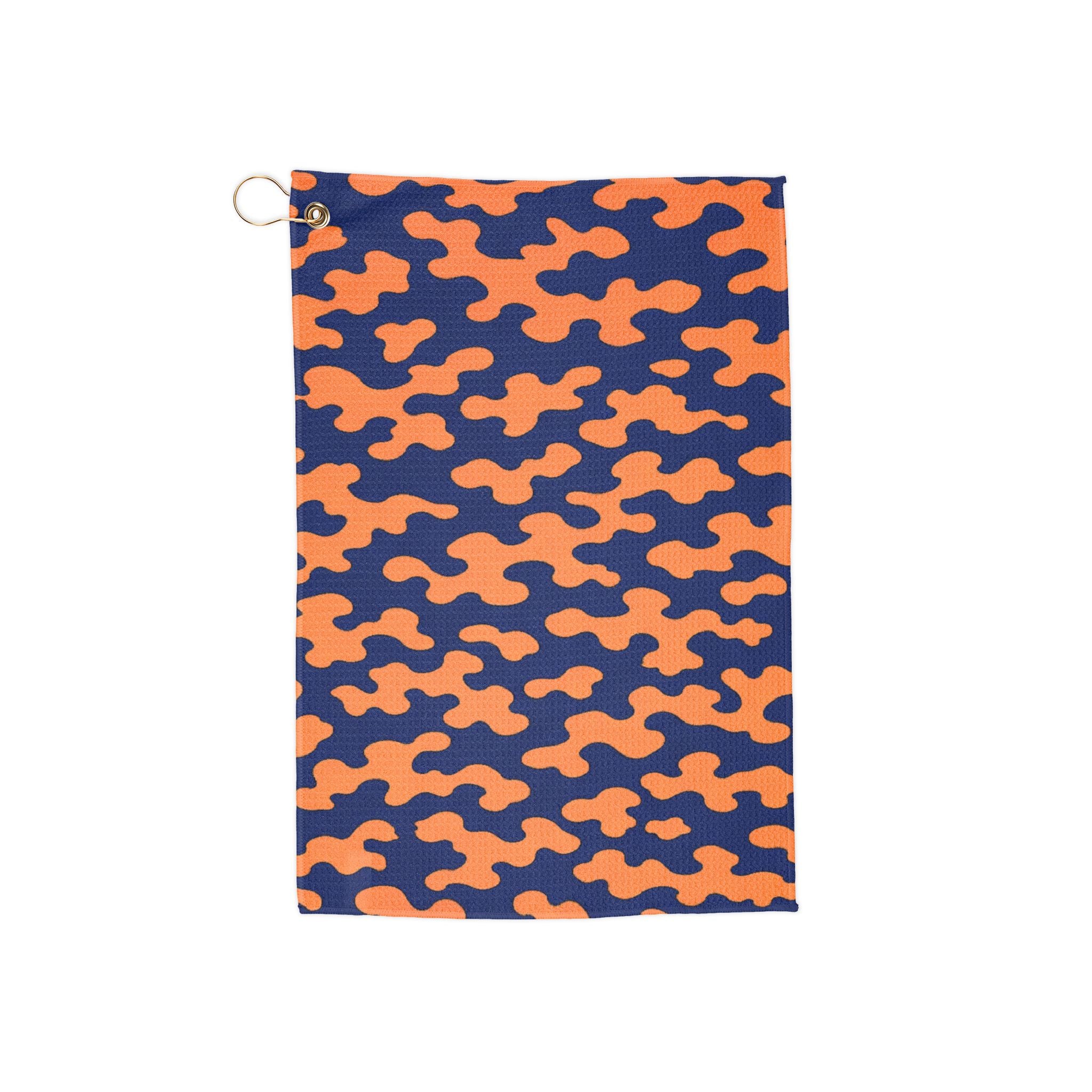 Orange & Navy Camo Golf Towel — Microfiber Golfing Towel with Clip Ring