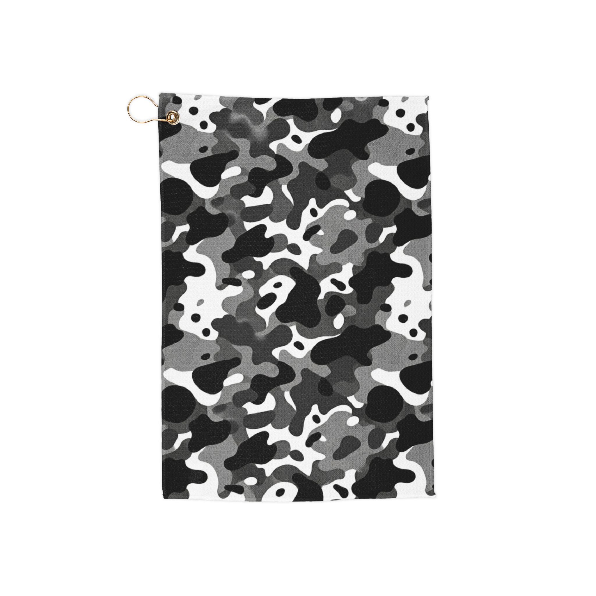 Black, Grey, and White Camo Golf Towel – Microfiber Club Towel with Grommet & Ring
