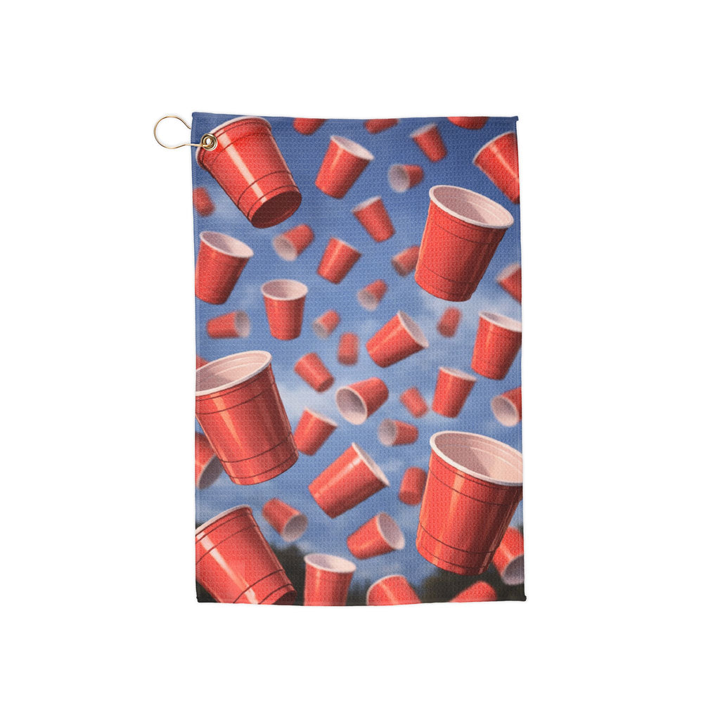 Red Plastic Cup Golf Towel – Funny Beverage Party Pattern, Microfiber Club Towel with Grommet