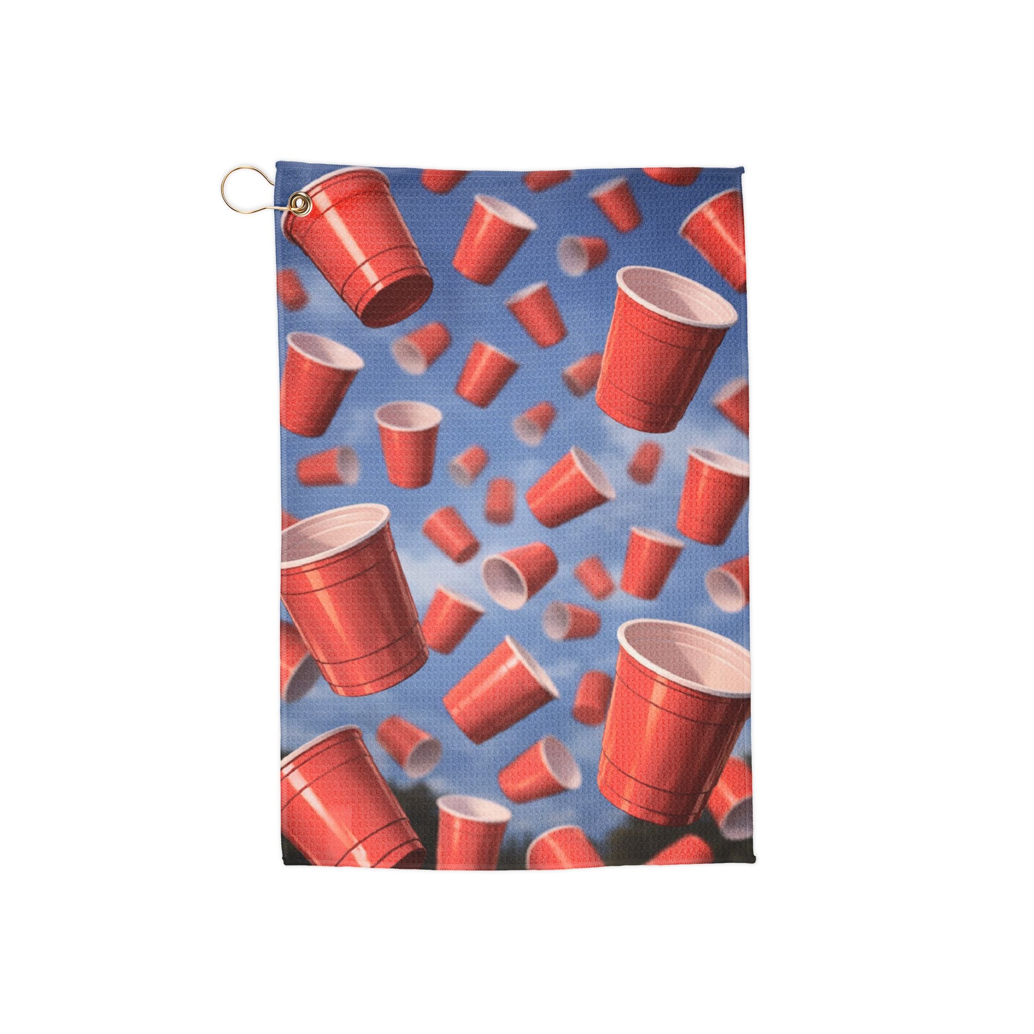 Red Plastic Cup Golf Towel – Funny Beverage Party Pattern, Microfiber Club Towel with Grommet